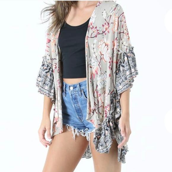 ANGIE Women's Sm Open Front Kimono Top Floral Ruffle Tim Taupe Coral Oversized - Picture 15 of 16